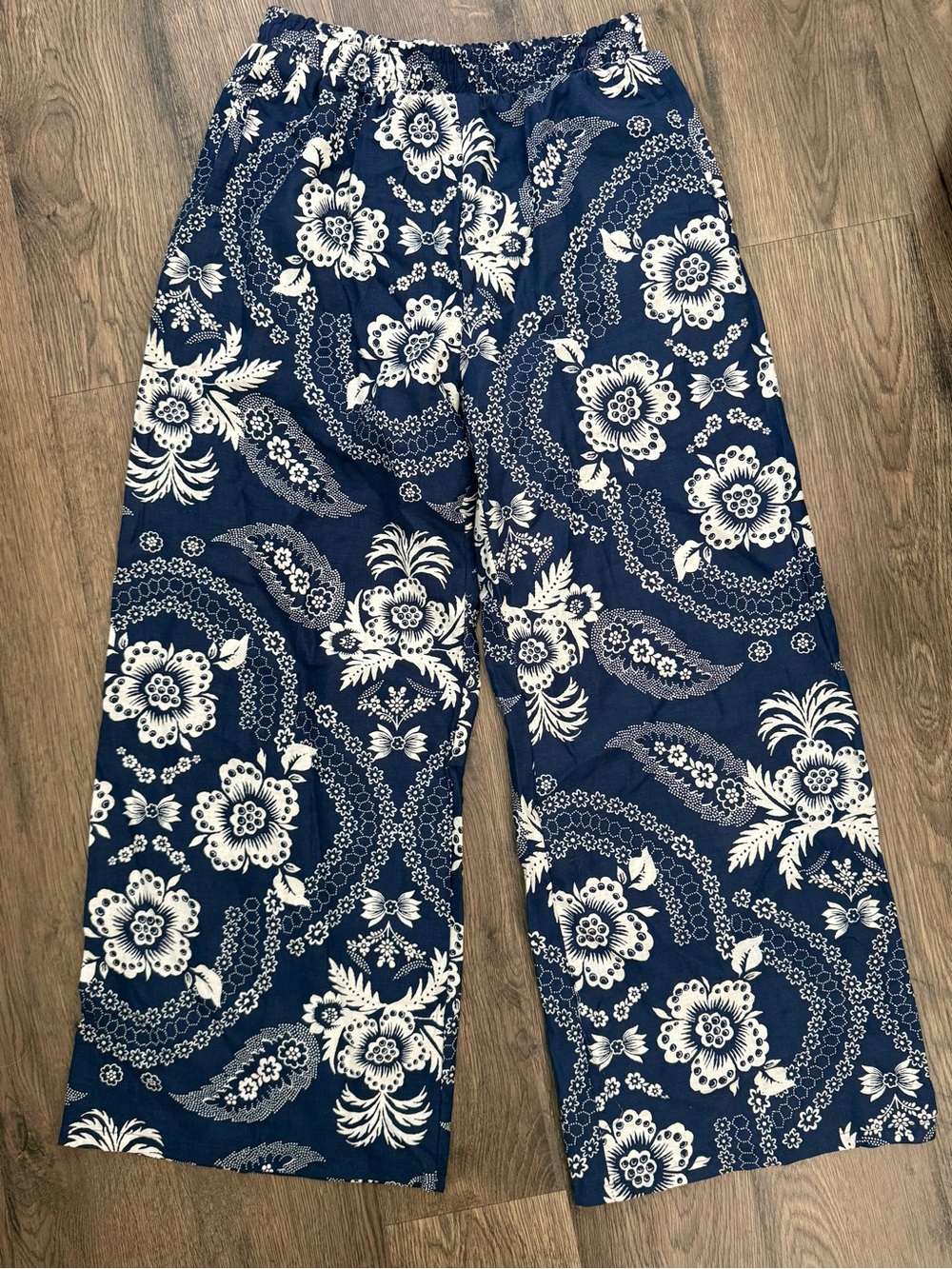 Joie Women’s Blue White Linen Blend Pull On Bohemian Wide Leg Pants Size Small